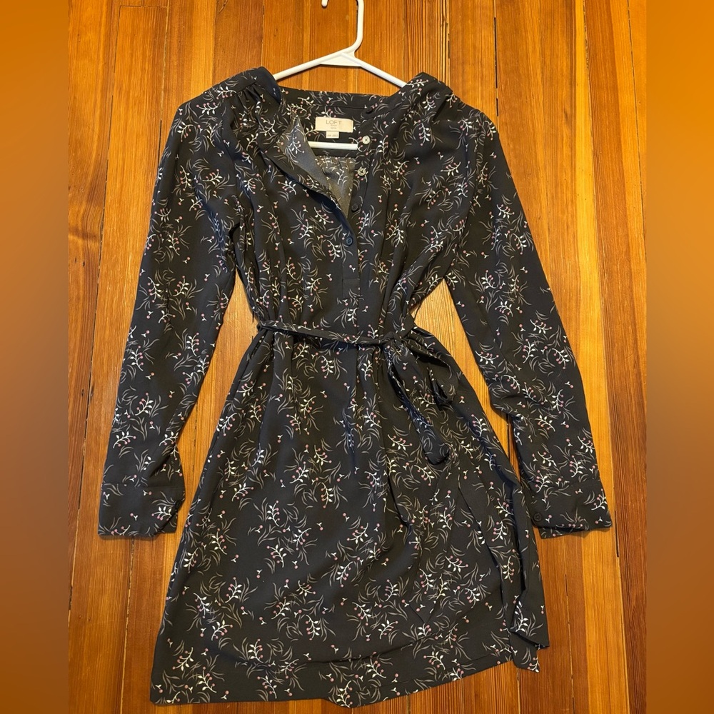 LOFT Black Floral Long Sleeve Shirt Dress